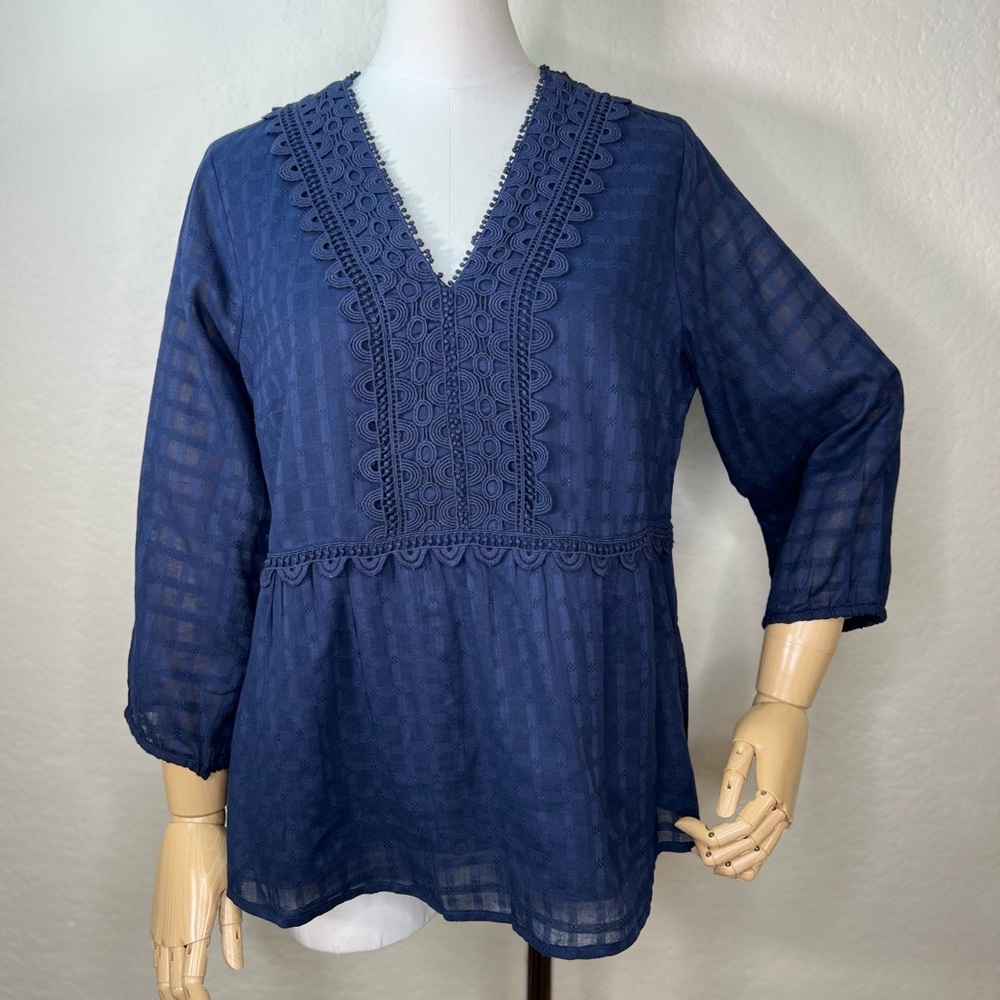 NEW NWT Soft Surroundings Elodie Lace Windowpane Gauze Top Medium Petite - Picture 2 of 16